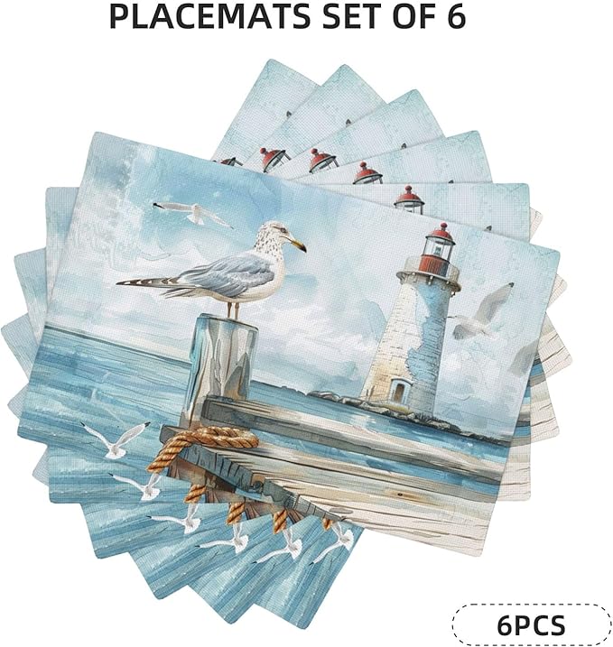 Lighthouse Seagull Placemats Set of 6 Washable Table Mats Ocean Nautical Coastal Heat-Resistant Cotton Linen Place Mats for Dining Table Kitchen Indoor Outdoor Party Holiday Decor