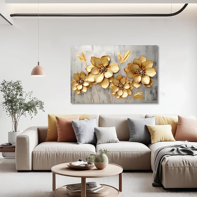KPLUNDO Canvas Prints Wall Art Gold Flower Picture Gray Poster Landscape Painting Aesthetics Artwork Home Decor for Living Room Kitchens Decoration Gallery Wrap Ready to Hang(Art-2,24.00x36.00 inch)