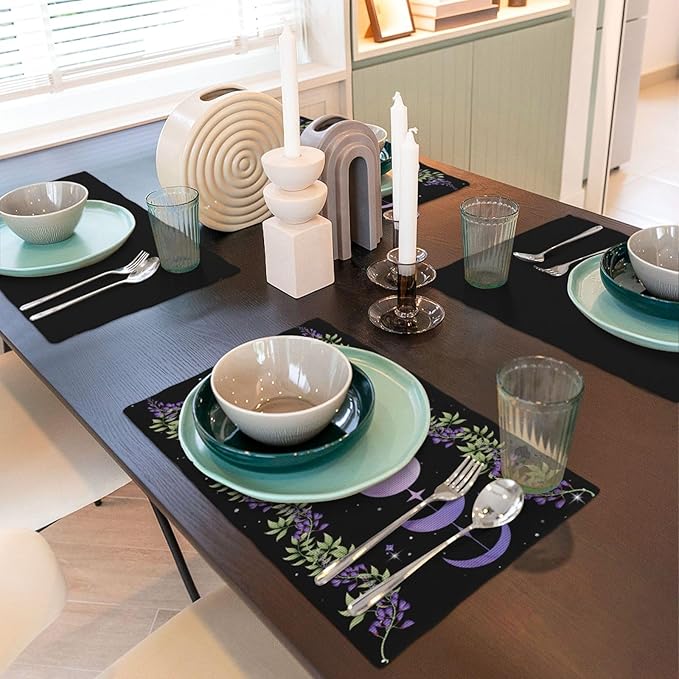 Boho Moon Flowers Placemats Set of 6,Natural Plant Moon Phase Moonlight Kitchen Party Event Table Decor,12x18 Inch,Purple 6 PCS, Style-11