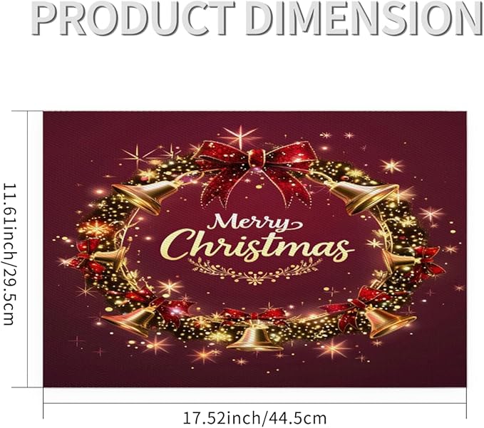 Xmas Christmas Bells Red Placemats Set of 4 PVC Vinyl Non Slip Table Mats Heat Resistant Place Mats Washable Wipeable Dining Table Mat for Kitchen Decor Party Indoor Outdoor Decorative Gift