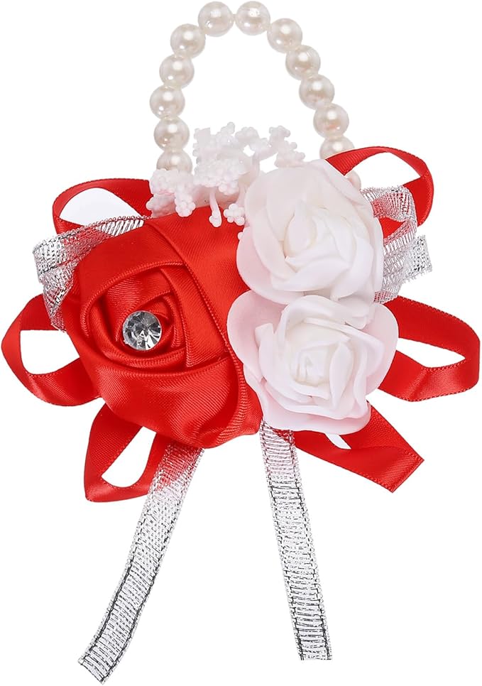 MECCANIXITY Wrist Corsage Artificial Flower Bracelets Rose Wrist Bride Groom Decorative for Wedding Ceremony Prom Party Anniversary Red