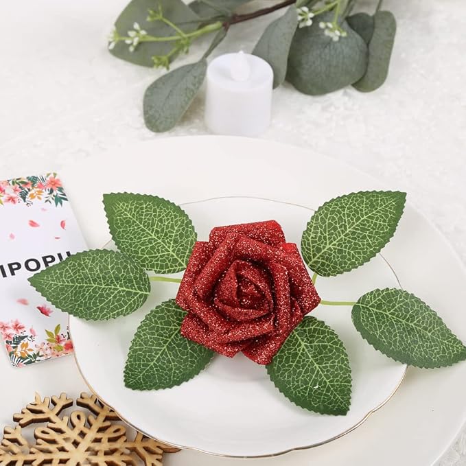 IPOPU Red Roses Artificial Flowers, 25pcs Foam Glitter Roses Fake Roses with Stem for DIY Wedding Bridal Bouquet Home Party Decoration(Red)