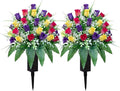 Artificial Cemetery Flowers, Gravesite Decoration Roses, Memorial Bouquets with Cemetery Vase, Vibrant and Long-Lasting Colors (Yellow+Purple+Brilliant Red, 2 Bundles)