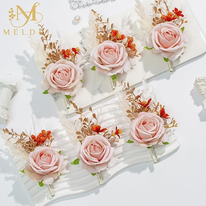 Meldel Pink Velvet Rose Boutonniere for Men,Set of 6,Groom and Best Man Boutonnieres with Artificial Flower,for Wedding Ceremony Anniversary, Formal Dinner Party, Fall Vintage Rustic Marriage Prom