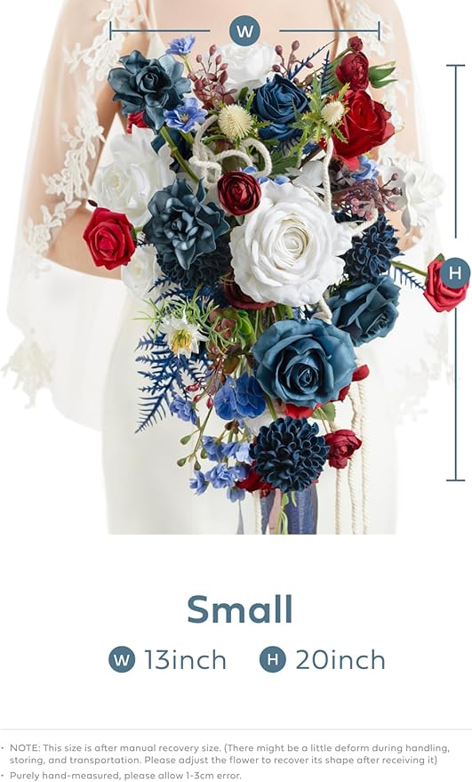 Ling's moment Navy Blue Red Bridal Bouquet for Bride, 13 Inch Wedding Bouquets for Bride, Wedding Artificial Flowers Bouquets
