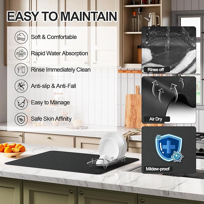 Dish Drying Mat for Kitchen Counter | Coffee Bar Mat for Countertops | Heat Resistant Drainer Mat with Non-slip Rubber Backed | Hide Stain Kitchen Absorbent Draining Mat | Black 18"x32"