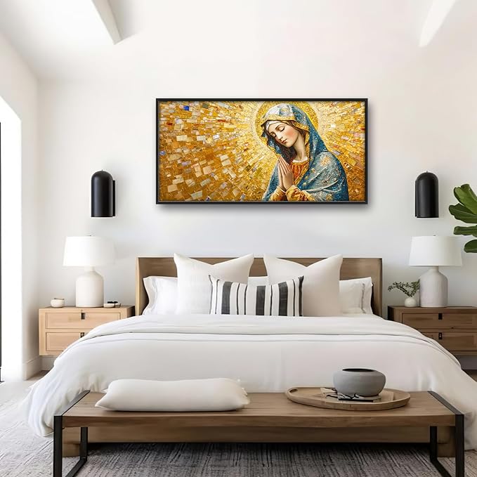 Extra Large Virgin Mary Framed Wall Art for Living Room,Oversized Golden Christian Religious Pictures Wall Decor,Canvas Print Painting Modern Artwork Bedroom Office Bathroom 60L x 30W