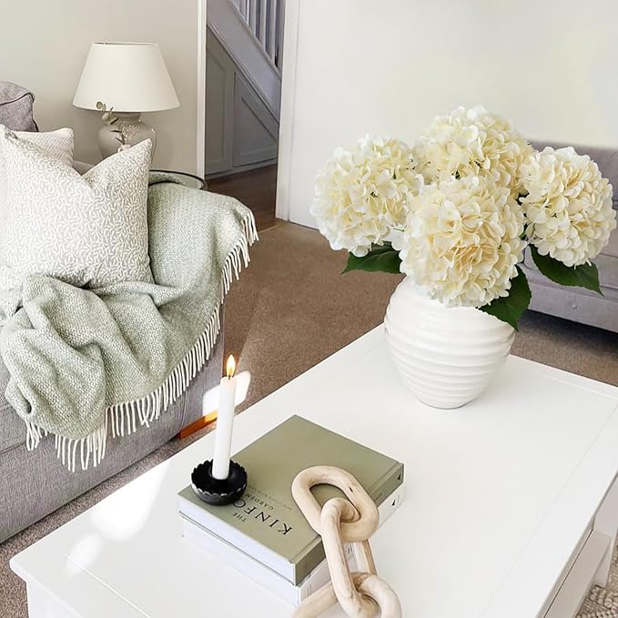 Boho Silk Hydrangea Artificial Flowers, 4Pcs 22" Large Lifelike Flowers,Artificial Hydrangeas for Indoor Bouquet Table Centerpieces Home（Cream/Yellow）