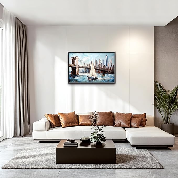 Extra Large Sailboat Framed Wall Art for Living Room,Oversized New York Brooklyn Bridge Pictures Wall Decor,Cityscape Canvas Print Painting Modern Artwork Bedroom Office Bathroom 36L x 24W