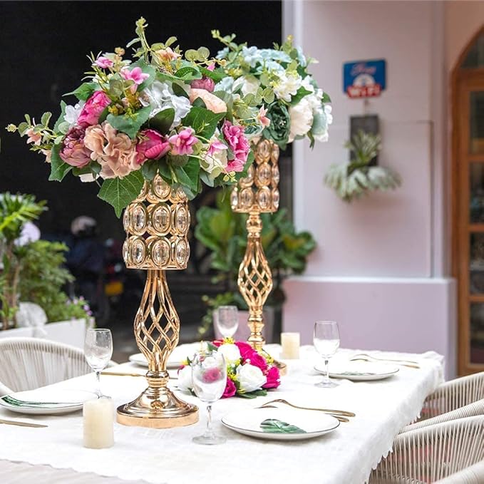 20in Metal Crystal Wedding Centerpiece Vases for Tables Set of 2, Gold Trumpet Flower Vase Stands for Wedding Party Reception Dining Room Living Room Décor
