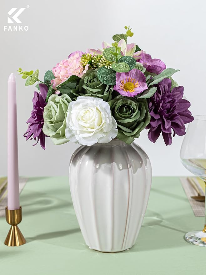 FANKO Artificial Flowers Green Rose, Mixed Combo Fake Silk Flowers White Rose Purple Dahlia Gradient Vintage Assorted Blooms for DIY Wedding Bridal Bouquets/Centerpieces/Home Decor