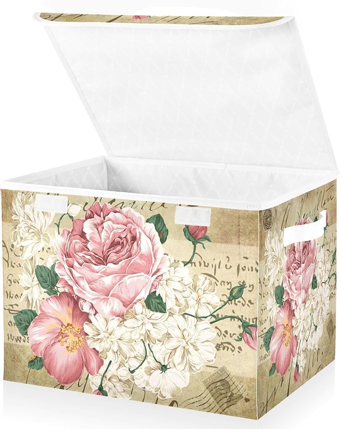 Flower Baskets Collapsible Storage Bins with Lids, Vintage Rose Floral Storage Boxes Clothes Baskets for Organizing