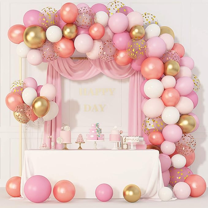 Amandir 164Pcs Rose Gold Pink Balloons Garland Arch Kit Light Pink Gold White Confetti Latex Metallic Balloons for Birthday Decorations Baby Shower Wedding Graduation Party Decorations