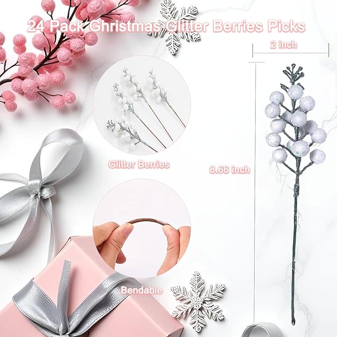 24Pack Christmas Picks Glitter Berries Stems Artificial White Berry Branches Holly Picks Stems Christmas Tree Ornaments for DIY Xmas Wreath Crafts Gifts Holiday Home Decor (White)