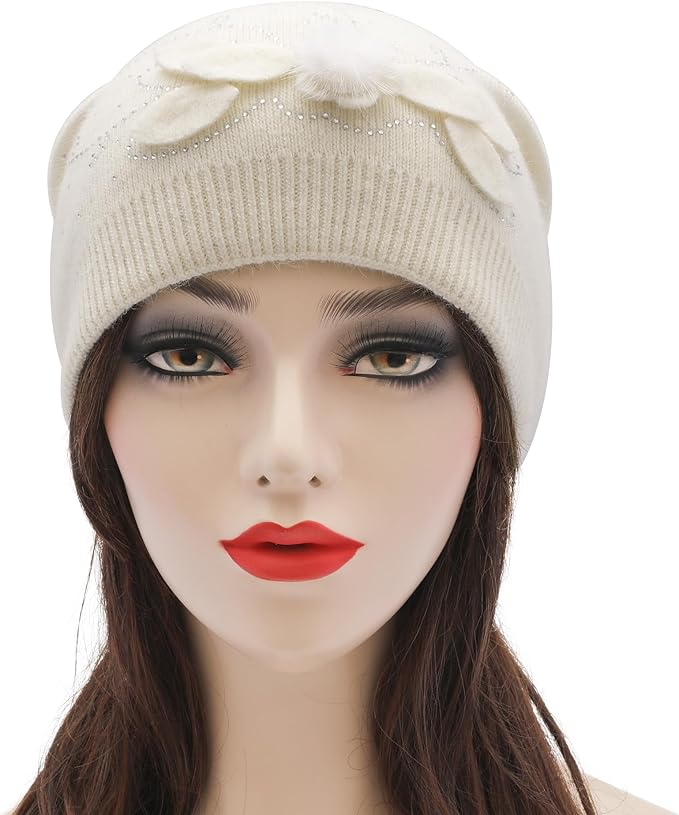 ZLYC Women Floral Slouchy Beanie Hat Double Layer Winter Knit Skull Cap