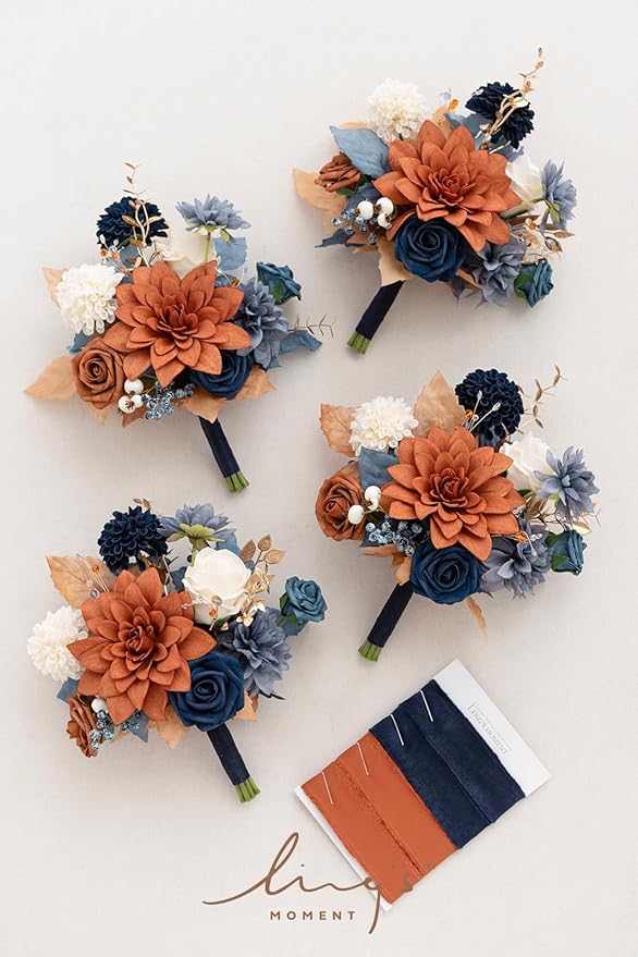 Ling's moment Artificial Flowers Orange & Navy Bridesmaid Bouquet Set of 4, Orange Wedding Flowers Bouquets for Bridesmaids, 7 Inch Bridal Bouquets for Bridesmaids, Wedding Decor, etc