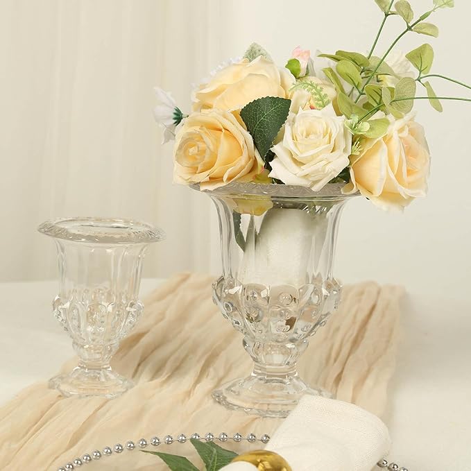 Efavormart 2 Pack Clear Glass Flower Vases in Classic Roman Urn Style, Mini Pedestal Vase Table Centerpieces - 8"