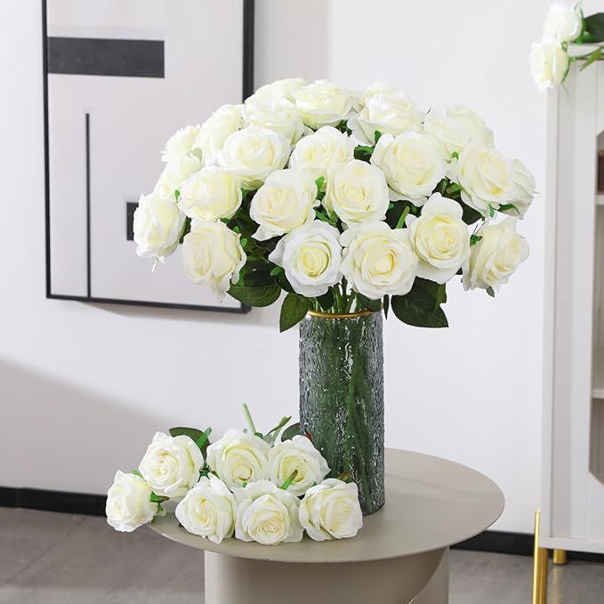 50PCS Artificial Silk Roses Flowers – Realistic Fake Roses in Bulk & Bouquet Long Stem White Rose for Wedding Centerpieces, Home Decor, Floral Arrangements, Party Decoration (White)