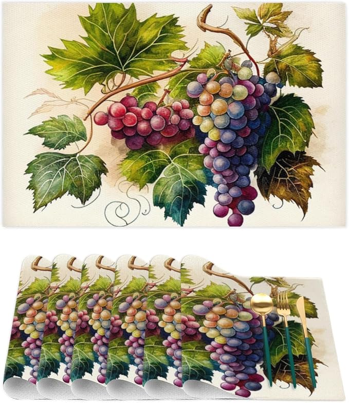 Fruit Grapes Purple Abstract Placemats Set of 1 PVC Vinyl Non Slip Table Mats Waterproof Heat Resistant Place Mats Washable Wipeable Dining Table Mat for Kitchen Party Indoor Outdoor Decorative