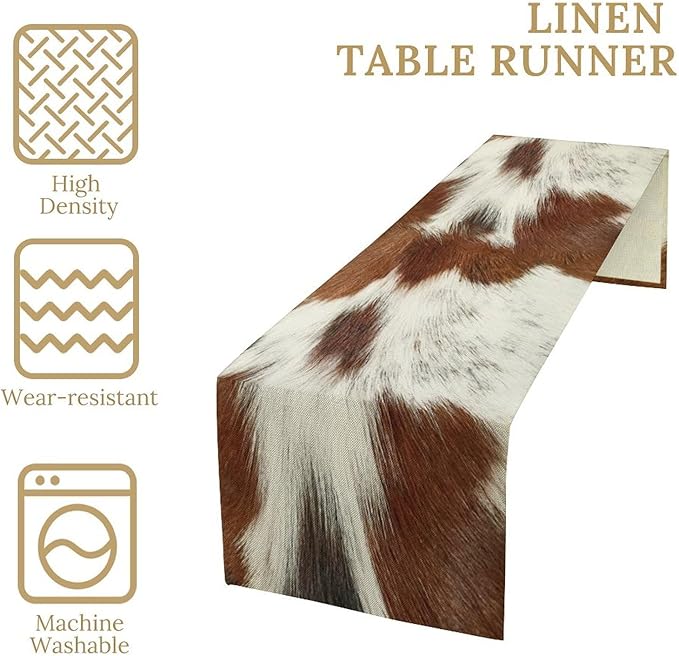 Cow Skin Print Table Runner, Rustic Country Farmhouse Animal Fur Skin Western Farm Dark Brown Cowhide Print Dinner Runner Table Decoration for Home Kitchen Dining 13x70in