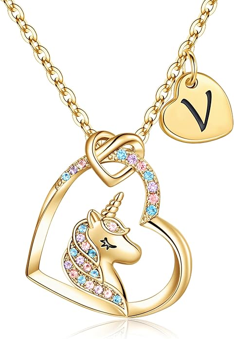Hidepoo Stocking Stuffers for Teen Girls Kids - Colorful CZ Heart Pendant Initial Unicorn Necklaces for Girl Jewelry Birthday Gift Christmas Gifts for Grandkids Girls Kid