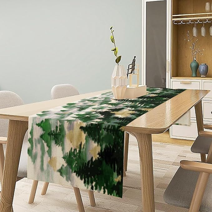 Watercolor Green Pine Trees Table Runner, Forest Woodland Tabletop Scarf Home Kitchen Holiday Decor, Seasonal Farmhouse Rustic Dining Decorations Party Supply 13 X 36 Inch