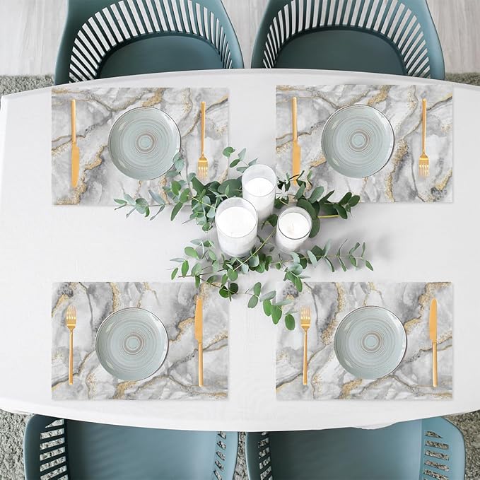 Marble Modern Texture Grey Placemats Set of 4 PVC Vinyl Non Slip Table Mats Waterproof Heat Resistant Place Mats Washable Wipeable Dining Table Mat for Kitchen Party Indoor Outdoor Decorative