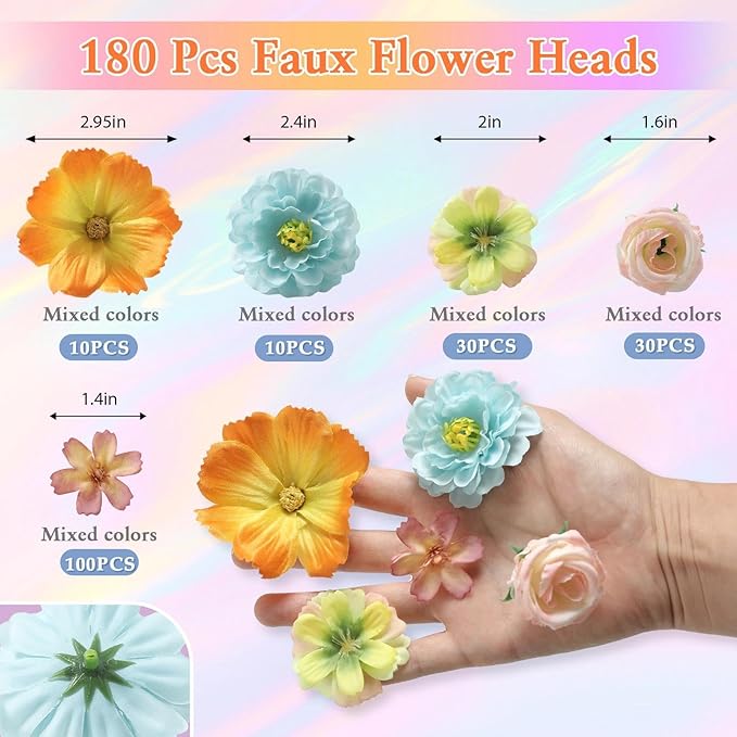 180Pcs Mini Fake Flower Heads Multicolor Small Silk Faux Flower Heads Artificial Rose Daisy Flowers Bulk for Cake Crafts DIY Graduation Cap Wedding Hair Dresses Wreath Party Home Decor