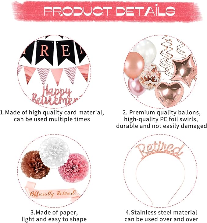Rose Gold Retirement Party Decorations, 63 Pcs Retired Party Decorations for Women Happy Retirement Banner Hanging Swirls Foil Balloon Cake Toppers Retired Sash Retired Parties Supplies