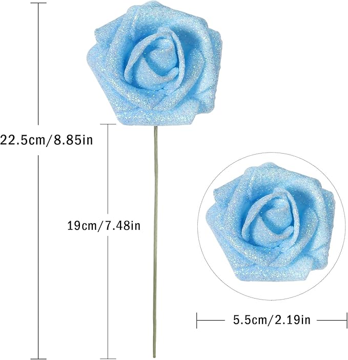 IPOPU Artificial Glitter Roses, 25pcs Foam Glitter Roses Glitter Flowers Foam Rose with Stem for DIY Wedding Bridal Bouquet Home Party Decoration(Light Blue)