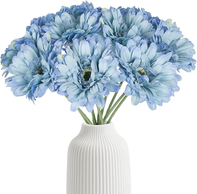 Daisy Flowers Artificial Flowers Blue Silk Flowers Gerber Daisy Artificial 10PCS Fake Daisies 17.7in Faux Daisies for Wedding Bridal Bouquet Party Home Kitchen Decor(Blue)