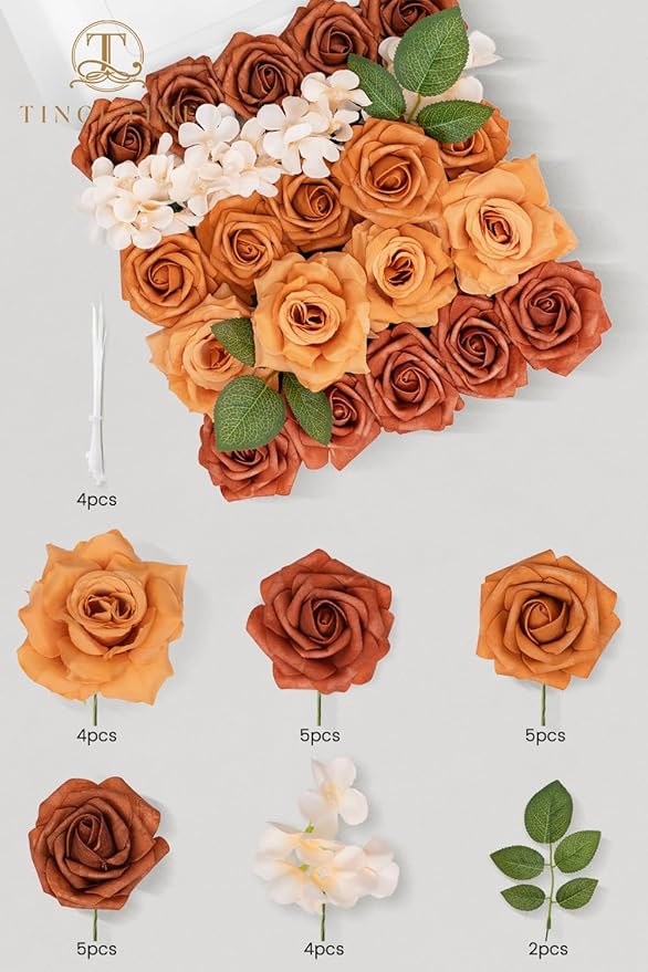 TINGE TIME Artificial Flowers Combo Set, Gradient Color Flower Leaf with Stems for DIY Wedding Bouquets Centerpieces Baby Shower Party Home Decorations(Orange and White)