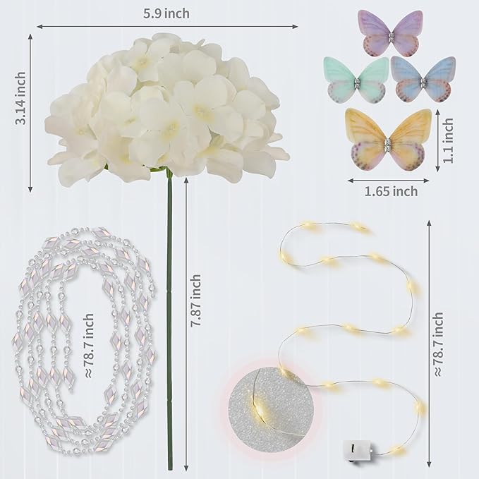 64PCS Artificial Hydrangea Flowers with Stems, Silk Hydrangea Heads with LED Decorative Lights, Crystal Strings & Butterfly Accents for Wedding Centerpieces and Home Decor(64, Champagne)