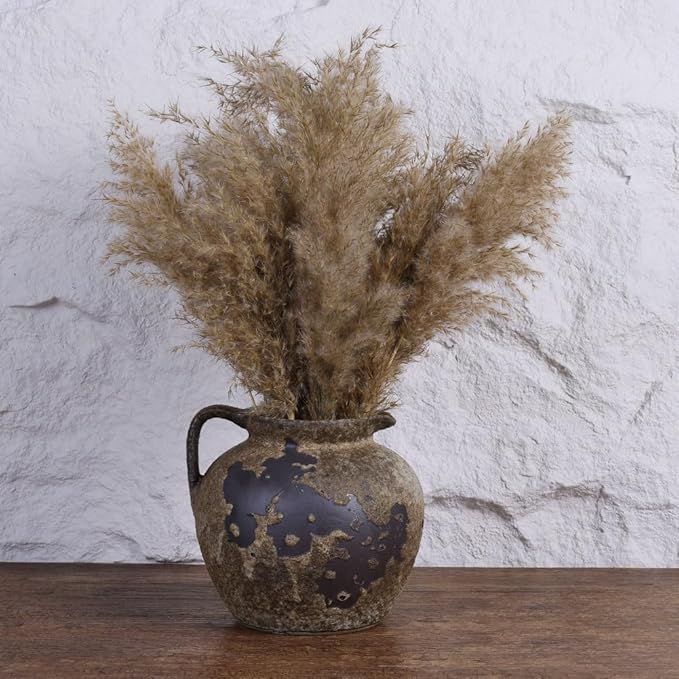Rustic Vase with Handles, Farmhouse Vase for Home Decor, Wabi Sabi Decor Pottery Vases, Vintage Stone Terracotta Vases Suitable for Living Room, Fireplace, Shelf Decor, Dining Table Decorative