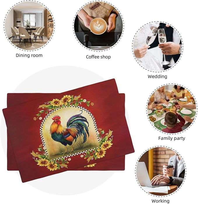 Rooster Sunflower Placemats Set of 4, Farmhouse Country Farm Chicken Animal Red Double-Sided Table Mats for Kitchen Dining Room Home Party Indoor Decor 4 PCS 12x18 Inch