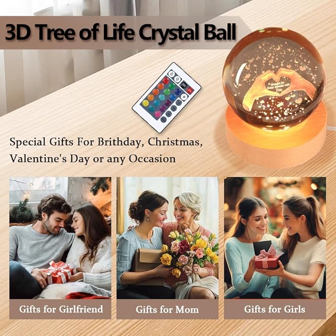 3.15In Crystal Heart Sign Ball Lamp with Wooden Base, 3D Crystal Ball Night Light, 16 Colors, Remotely Controlled, Christmas Birthday Day’s Gifts for Moms Women Girlfriends Daughters