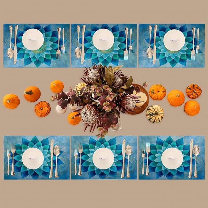 Teal Flower Mandala Placemats Set of 4 PVC Vinyl Non Slip Table Mats Waterproof Heat Resistant Place Mats Washable Wipeable Dining Table Mat for Kitchen Party Indoor Outdoor Decorative
