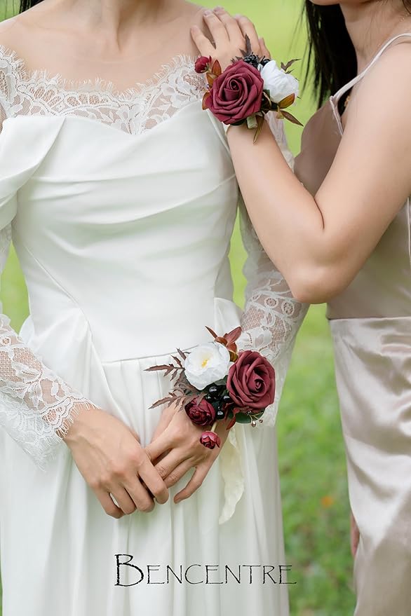 Burgundy Corsage for Wedding(Set of 6),Wrist Corsage,Corsage for Prom,Party Prom Hand Flower Decor,Bridesmaid Wrist Corsage,Vintage Wedding,Gothic Wedding,Artificial Flowers