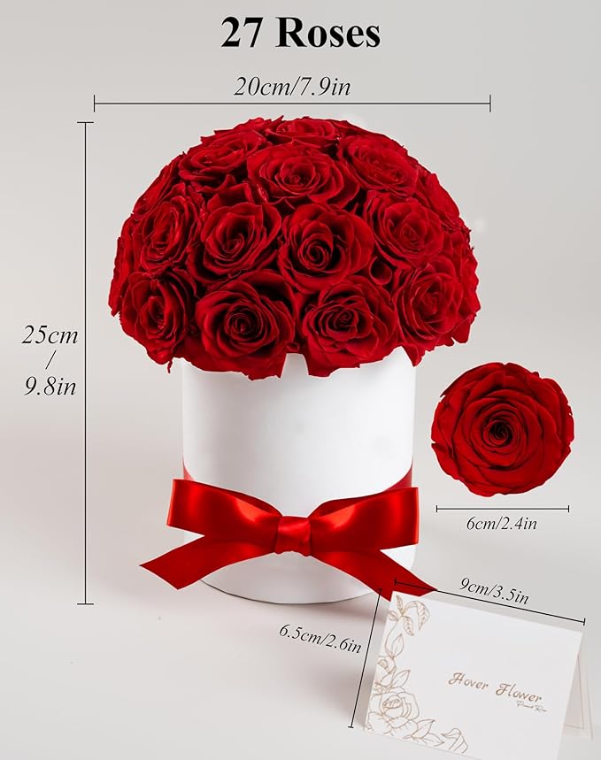 27 Forever Roses Dome in White Box, Eternal Real Roses Gifts for Women, Preserved Flowers for Delivery Prime, Anniversary, Valentine's Day, Christmas, Birthday for Her (Red)