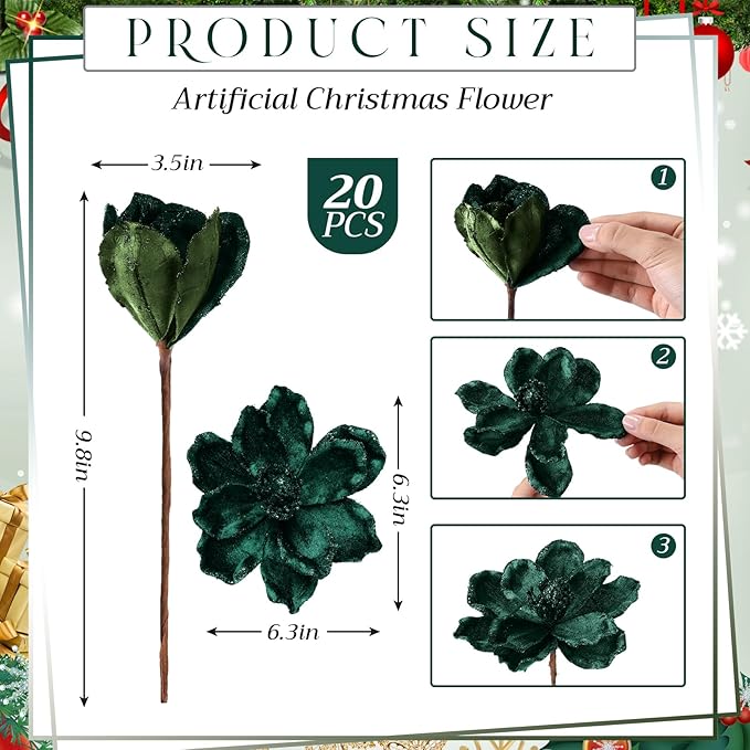 20 Pcs Christmas Glitter Poinsettia Magnolia Flowers Ornaments Large Heads Artificial Magnolia Flowers for Christmas Tree Xmas Wreath Holiday Wedding Decor(Green)