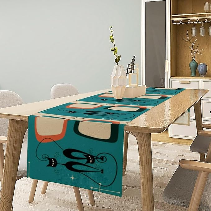 Mid Century Modern Black Cat Table Runner,Table Runners for Kitchen Dining Modern Tables Decor Decoration for Kitchen Family Dinner Table Holiday Party Farmhouse 13 x 60 Inch Blue