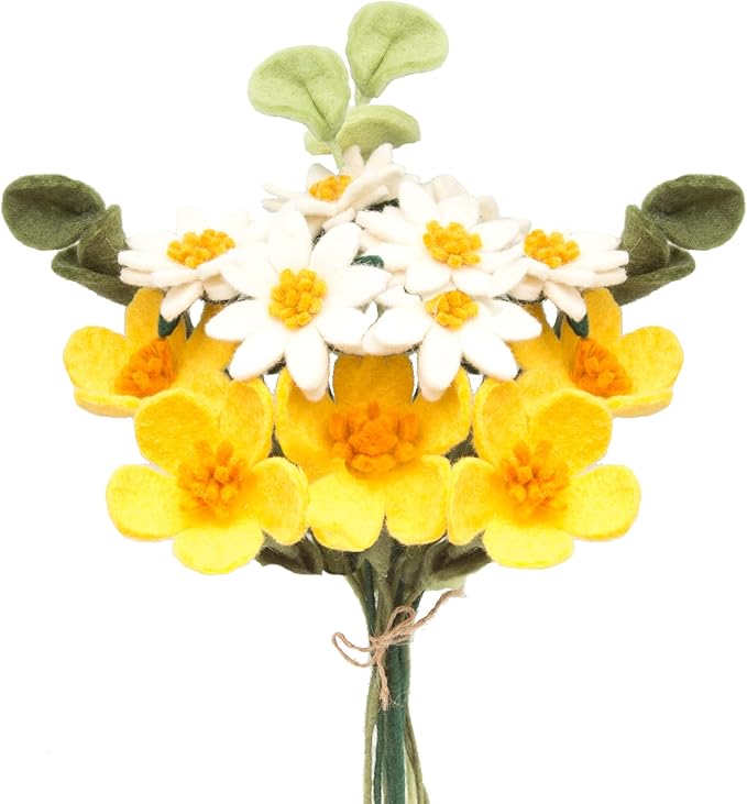 Glaciart One Felt Artificial Flowers Bouquet - 13 pcs | Reusable, Washable and Essential Oil Ready w/Bendable Wire Stem | Great as Gift and Home or Event Decorations