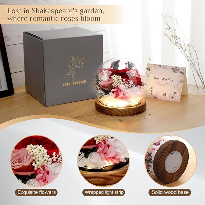 Preserved Flowers,Rose in Glass Dome with LED Light, Gifts for Her, Women, Mom,Grandma,Girlfriend, Wife- Style1