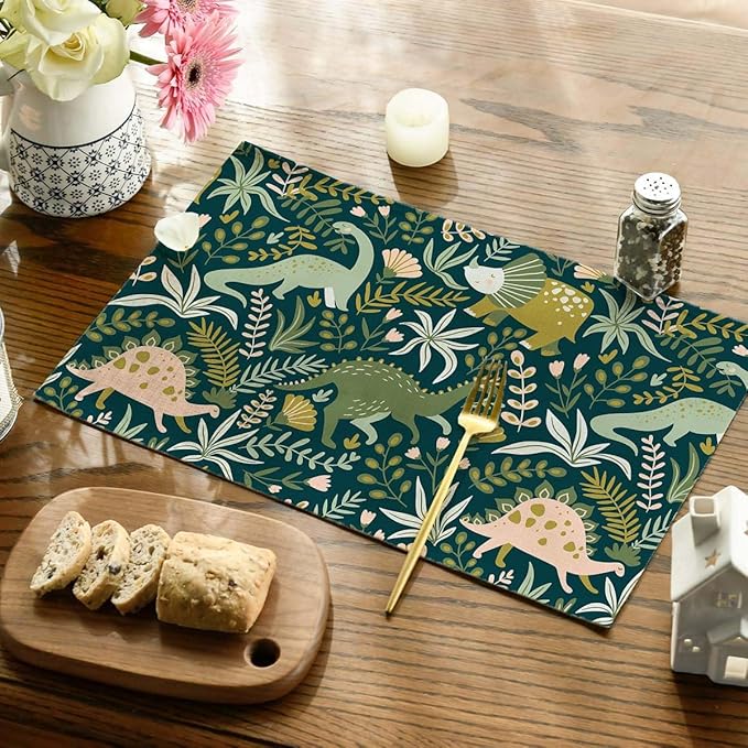 Placemats Set of 4 Dinosaurs and Tropical Leaves Dining Place Mats Linen Table Mat for Farmhouse Home Kitchen Decor 12 X 18 Inch