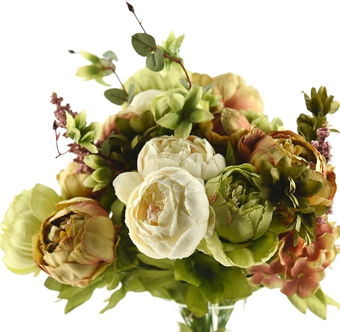FiveSeasonStuff Vintage Artificial Peonies Silk Peony Flowers and Hydrangeas for Wedding Bridal Home Décor – Beautiful Floral Centerpiece Arrangement 2 Bouquets (Country Rustic Brown Beige Green Mix)