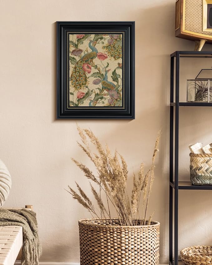 WHASAYART Vintage 3D Textured Framed Wall Art, Peacock Vine with Poppies Floral Print, Large Bird Sandstone Panel Print 16x20 inch Artwork, Rustic Retro Bedroom Living Room Home Office Decor