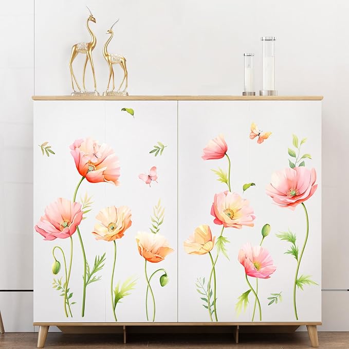 Large Pink Floral Wall Decals Poppy Flower Butterfly Wall Stickers Peel and Stick Autumn Floral Wall Art Decor for Living Room Bedroom Office TV Sofa Backdrop Home Decor Gifts for Mom