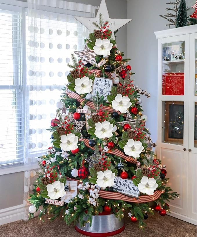 Briful White Magnolia Christmas Flower Branches, 2 Pack 18.9in Artificial Magnolia Floral Picks and Spray with Pinecones Berries for Xmas Tree Vase Arrangements Decor