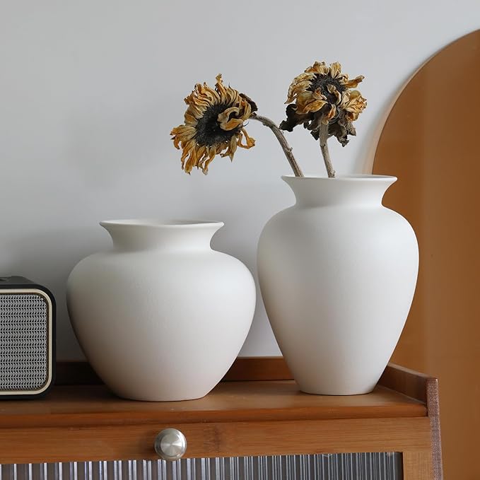 Large White Ceramic Flower vase, Modern Centerpiece Table Decorations,Round Shape Rustic Ceramic vases for Home Decor Dining Room (White, 0619)