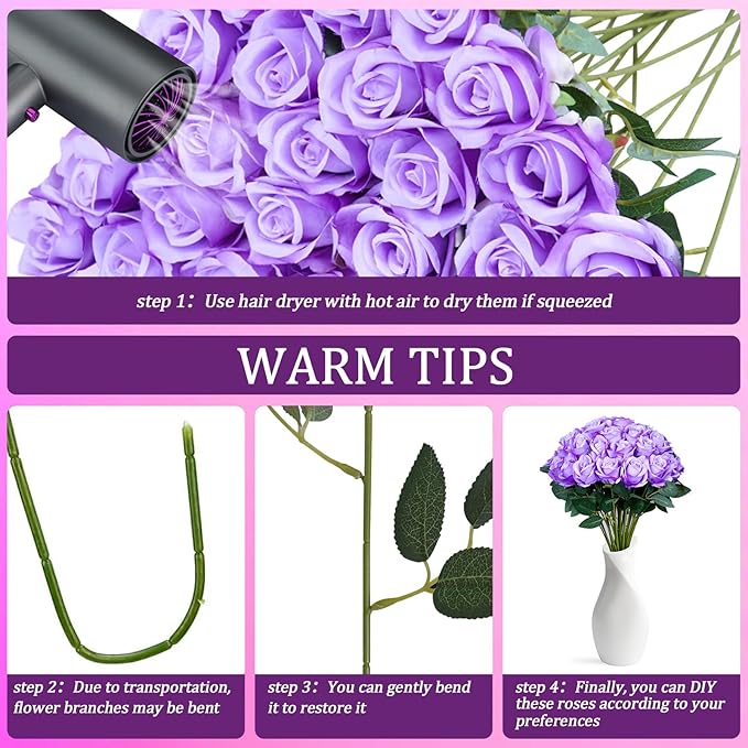 30pcs Fake Roses Artificial Silk Flowers Long Stems Bouquet for Wedding Bridal Shower Party Home Decoration (Purple)